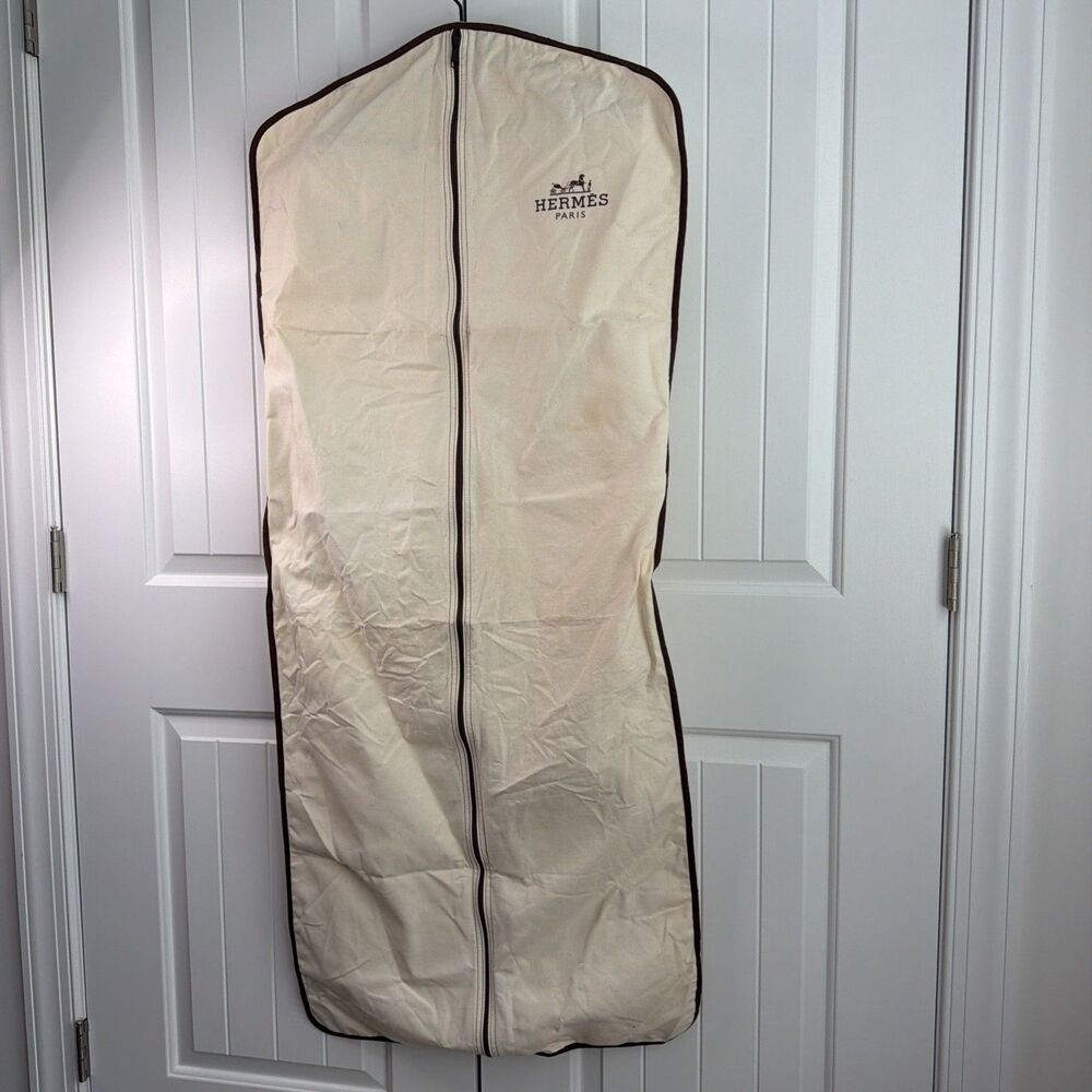 Hermes Paris Garment Bag 52” Long Canvas Suit Dress Cover Beige Brown Vintage